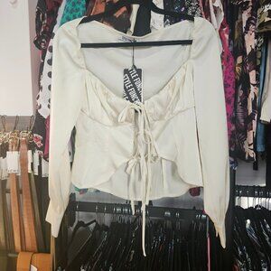 NWT STYLE FUNCTION CREAM SATIN FRONT TIE BLOUSE XS